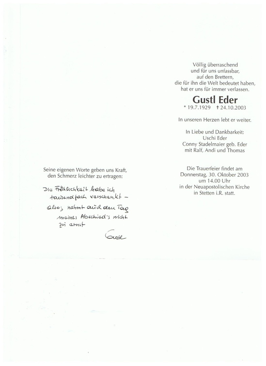 Eder Gustl Trauerkarte 2003