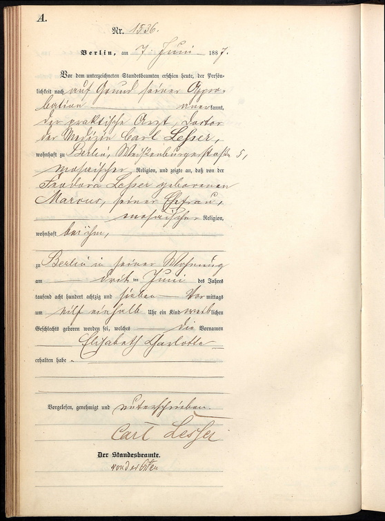 Lesser Cohn Geburtsurkunde 1887