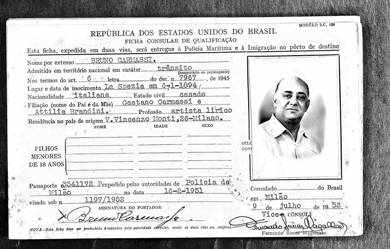 Carmassi Bruno 1894 1971 Einreiseurkunde Brasilien