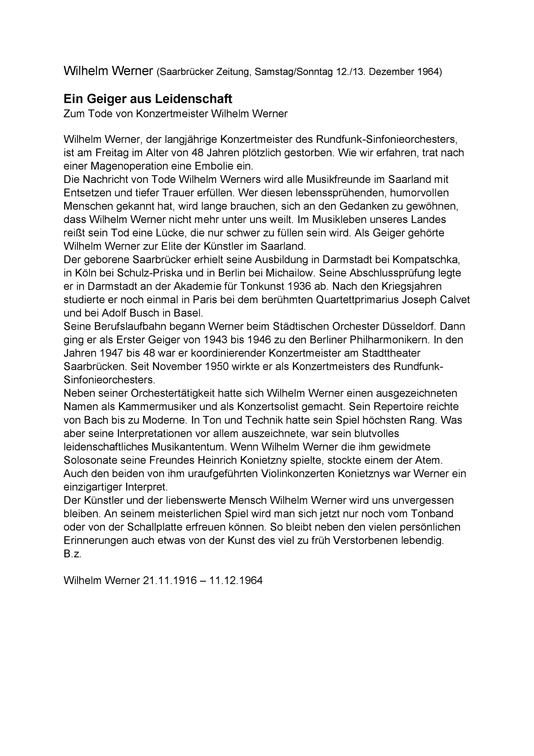 Werner Wilhelm 1916 1964 Zeitungsnachruf 12.12.1964