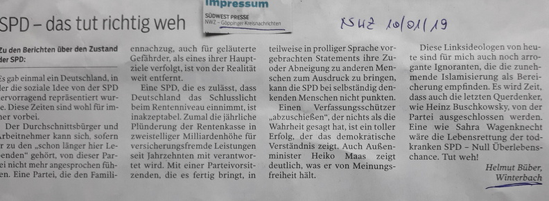 Leserbrief SPD Das tut weh WKZ 10.01.2019