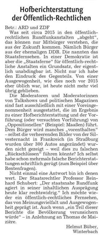 Leserbrief ARD und ZDF 17.01.2020