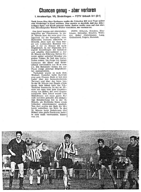 VfL Sindelfingen FCTV Urbach 03.11.1968 Bericht und Foto