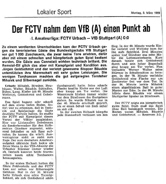 FCTV Urbach VfB Stuttgart Am. 02.03.1969 Hauptbericht