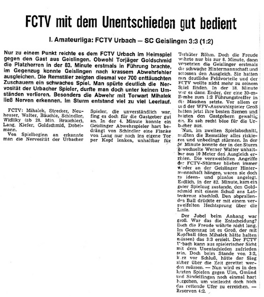 FCTV Urbach SC Geislingen I. Amateurliaga 1968 1969 20.04.1969 Bericht