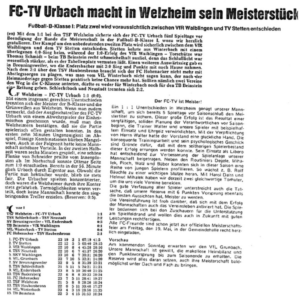 TSF Welzheim FCTV Urbach Saison 1977 78 23. Spieltag
