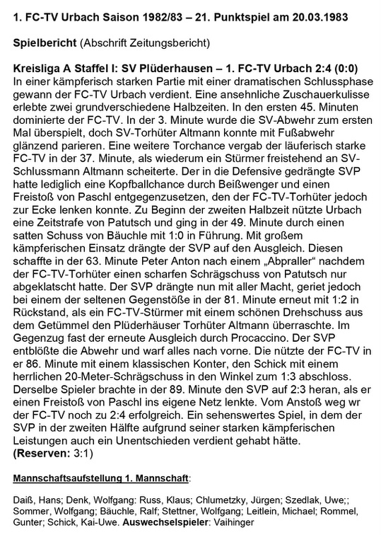 SV Pluederhausen FCTV Urbach Saison 1982 83 21. Punktspiel am 20.03.1982