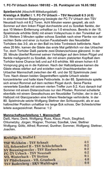 FCTV Urbach TSV Neustadt Saison 1981 82 25. Punktspiel am 16.05.1982