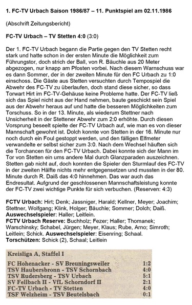 FCTV Urbach Saison 1986 87 11. 89 Punktspiel FCTV Urbach TV Stetten 02.11.1986