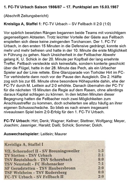 FCTV Urbach Saison 1986 87 FCTV Urbach SV Fellbach II 17. Punktspiel am 15.03.1987