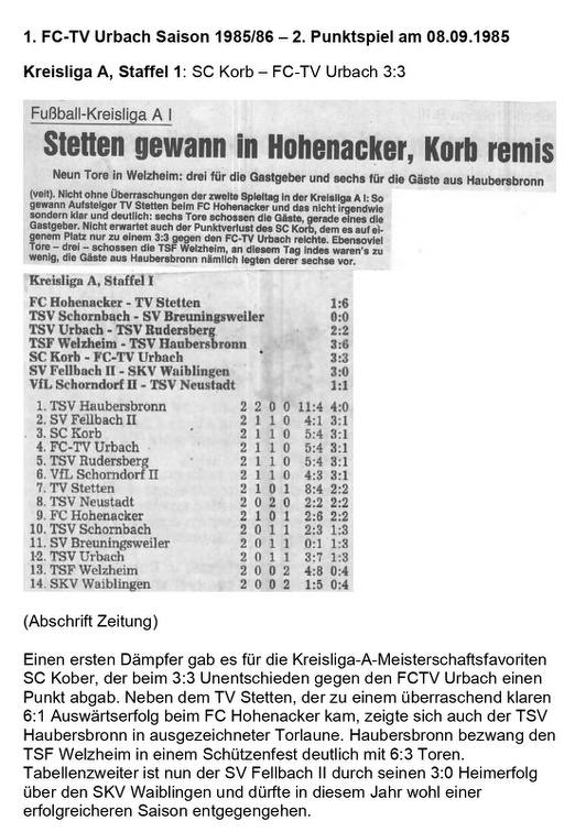FCTV Urbach Saison 1985 86 SC Korb FCTV Urbach 2. Spieltag am 08.09.1985