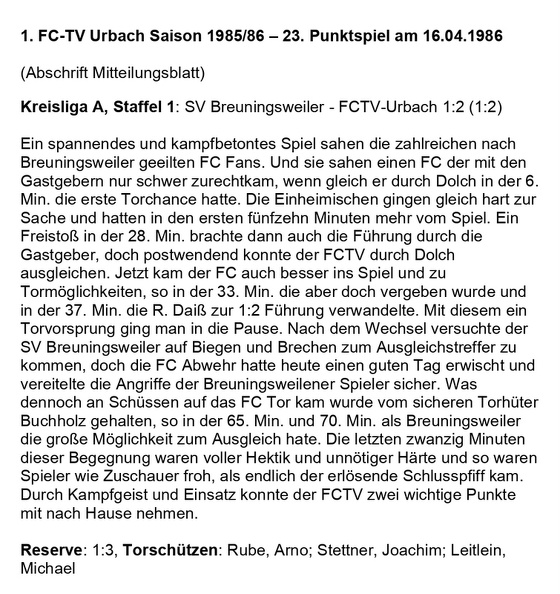 FCTV Urbach Saison 1985 86 SV Breuningsweler FCTV Urbach 22. Spieltag am 16.04.1986 - Kopie