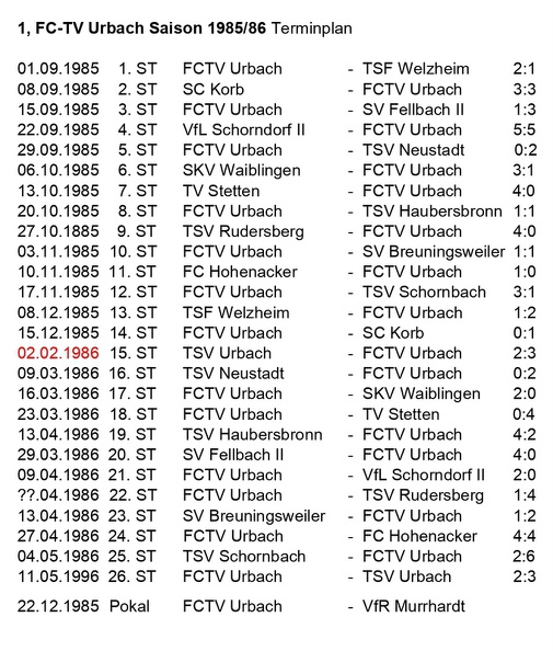 FCTV Urbach Saison 1985 86 Spielplan
