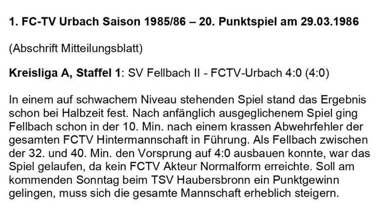FCTV Urbach Saison 1985 86 SV Fellbach II FCTV Urbach 21. Spieltag am 29.03.1986