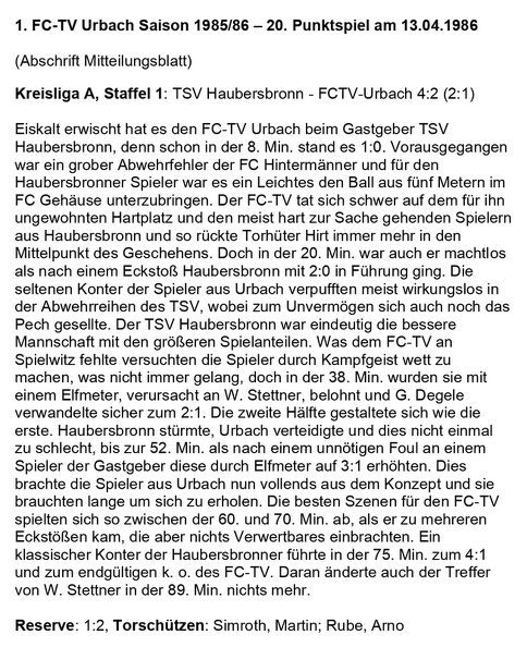 FCTV Urbach Saison 1985 86 TSV Haubersbronn FCTV Urbach 20. Spieltag am 13.04.1986