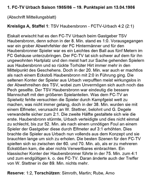 FCTV Urbach Saison 1985 86 TSV Haubersbronn FCTV Urbach 19. Spieltag am 13.04.1986