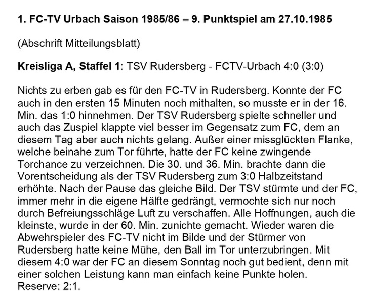 FCTV Urbach Saison 1985 86 TSV Rudersberg FCTV Urbach 9. Spieltag am 27.10.1985