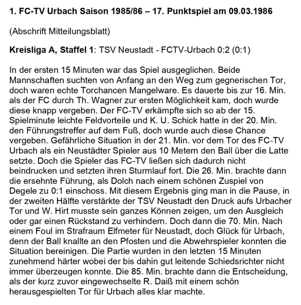 FCTV Urbach Saison 1985 86 TSV Neustadt FCTV Urbach 17. Spieltag am 09.03.1986