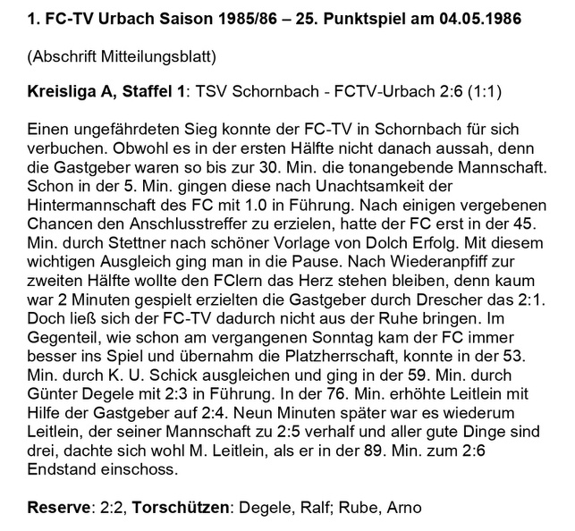 FCTV Urbach Saison 1985 86 TSV Schornbach FCTV Urbach 25. Spieltag am 04.05.1986