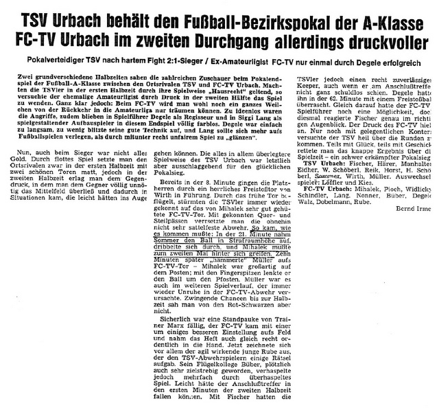 TSV Urbach Saison 1973 74 Bezirkspokalendspiel TSV Urbach FCTV Urbach 20.11.1974 Original