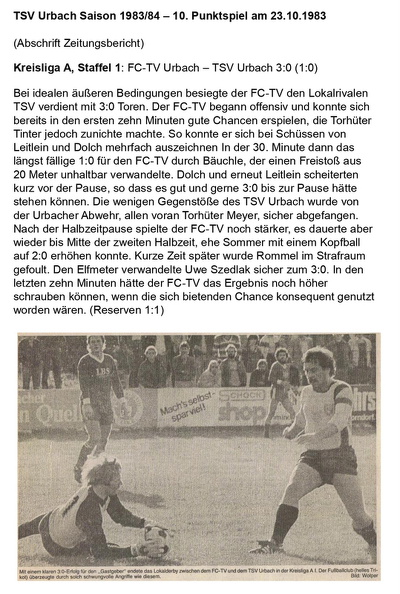 TSV Urbach Saison 1983 1984  10. Punktspiel FCTV Urbach TSV Urbach 23.10.1983