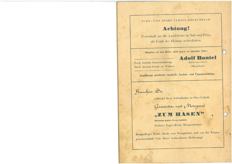 TSV Urbach Festschrift 50 Jahre 1949 Seite 26 Anzeigen letztes Blatt