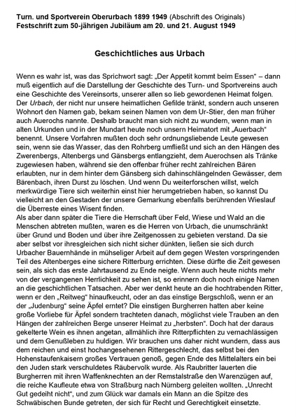 TSV Urbach Festschrift zum 50-jaehrigen Jubllaeum 1949 Geschichtliches aus Urbach Seite 1