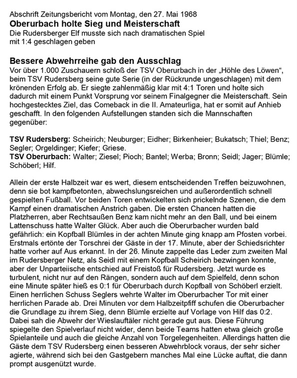 TSV Urbach Saison 1967 68 Spielbericht TSV Rudersberg TSV Oberurbach 26.05.1968 Abschrift Zeitungsbericht Seite 1