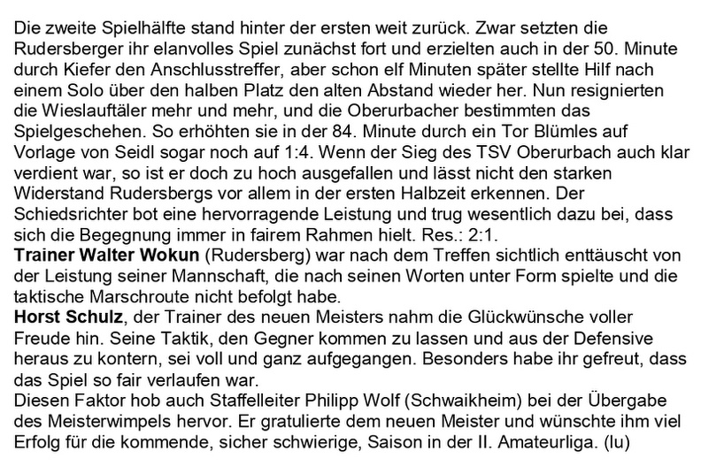 TSV Urbach Saison 1967 68 Spielbericht TSV Rudersberg TSV Oberurbach 26.05.1968 Abschrift Zeitungsbericht Seite 2