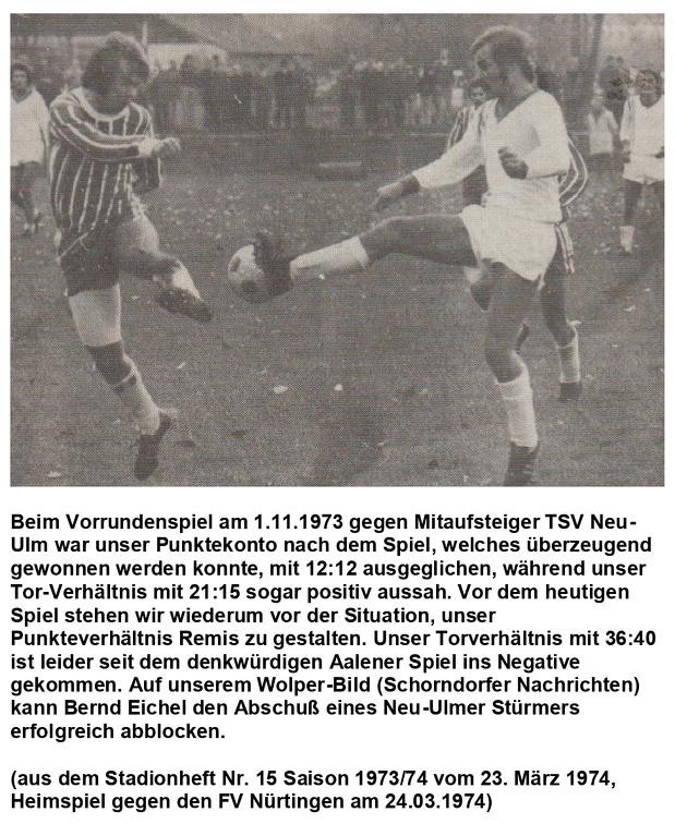 VfL Schorndorf Saison 1973 1974 VfL Schorndorf TSV Neu-Ulm 01.11.1973 Bernd Eichel blockt ab