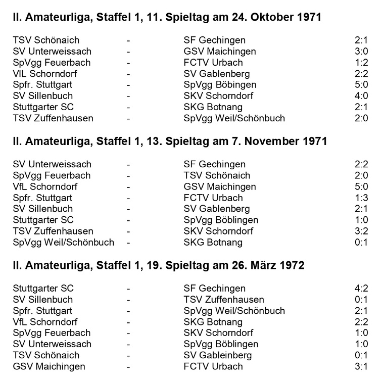 VfL Schorndorf Saison 1971 72 II. Amateurliga Staffel 1 Paarungen an div. Spieltagen Seite 1