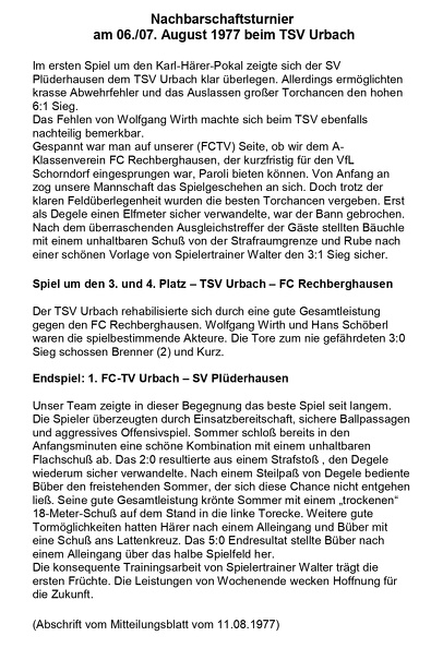 FCTV Urbach Nachbarschaftsturnier 06. 07.08.1977 beim TSV Urbach