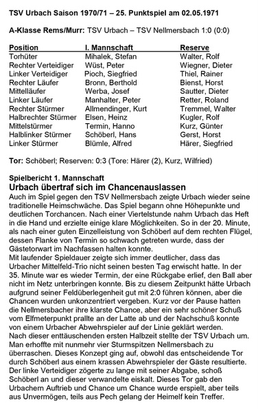 TSV Urbach Saison 1970 1971 TSV Urbach TSV Nellmersbach 02.05.1971 Seite 1
