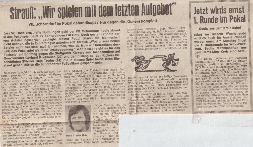 VfL Schorndorf Saison 1974 75 Pokalspielvorschau 02.08.1974