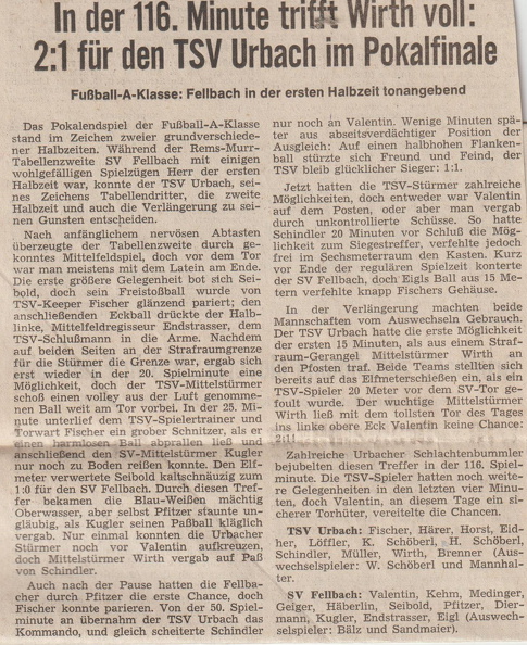 A-Klasse Pokalendspiel 1974 SV Fellbach TSV Urbach Spielbericht