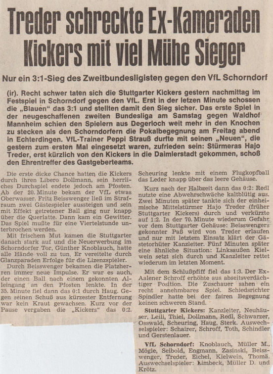 VfL Schorndorf Stuttgarter Kickers Freundschaftsspiel am 04.08.1974 Bericht