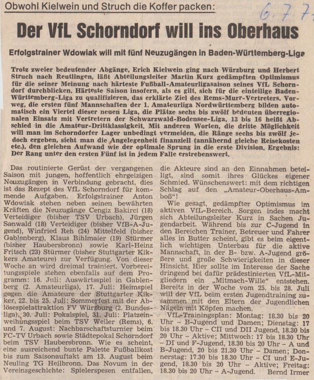 VfL Schorndorf Saison 1977 78 Saisonvorschau 06.07.1977