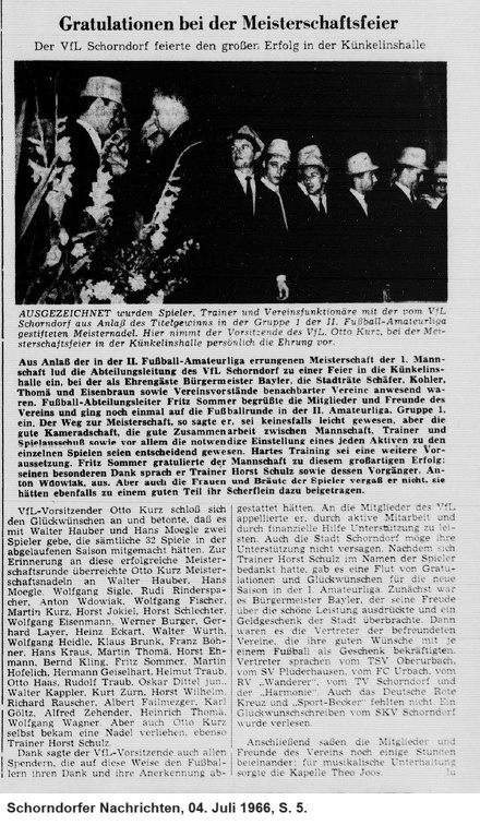 VfL Schorndorf Saison 1965 66 Meisterschaftsfeier am 02.07.1966 Zeitungsbericht