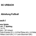 SC Urbach I Kreisliga A1 Saison 2026 27 7.  Spieltag 04.10.2026 Teil 1