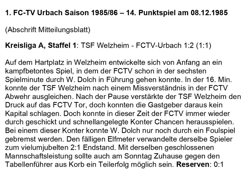FCTV Urbach Saison 1985 86 TSF Welzheim FCTV Urbach 14. Spieltag am 08.12.1985
