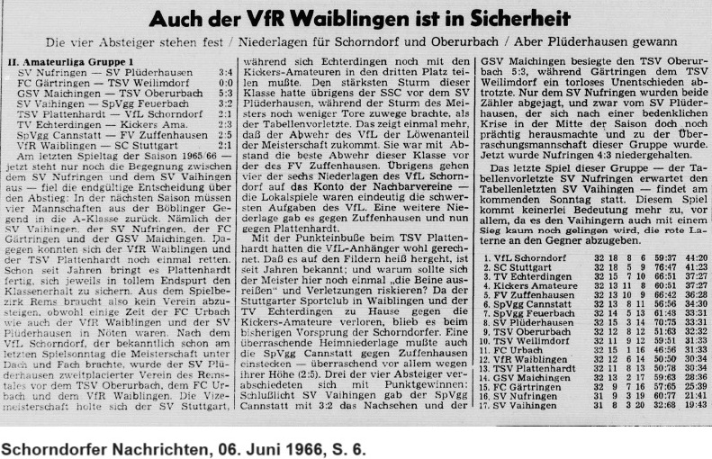 VfL Schorndorf Saison 1965 66 Zeitungsbericht  letzter Spieltag 05.06.1966
